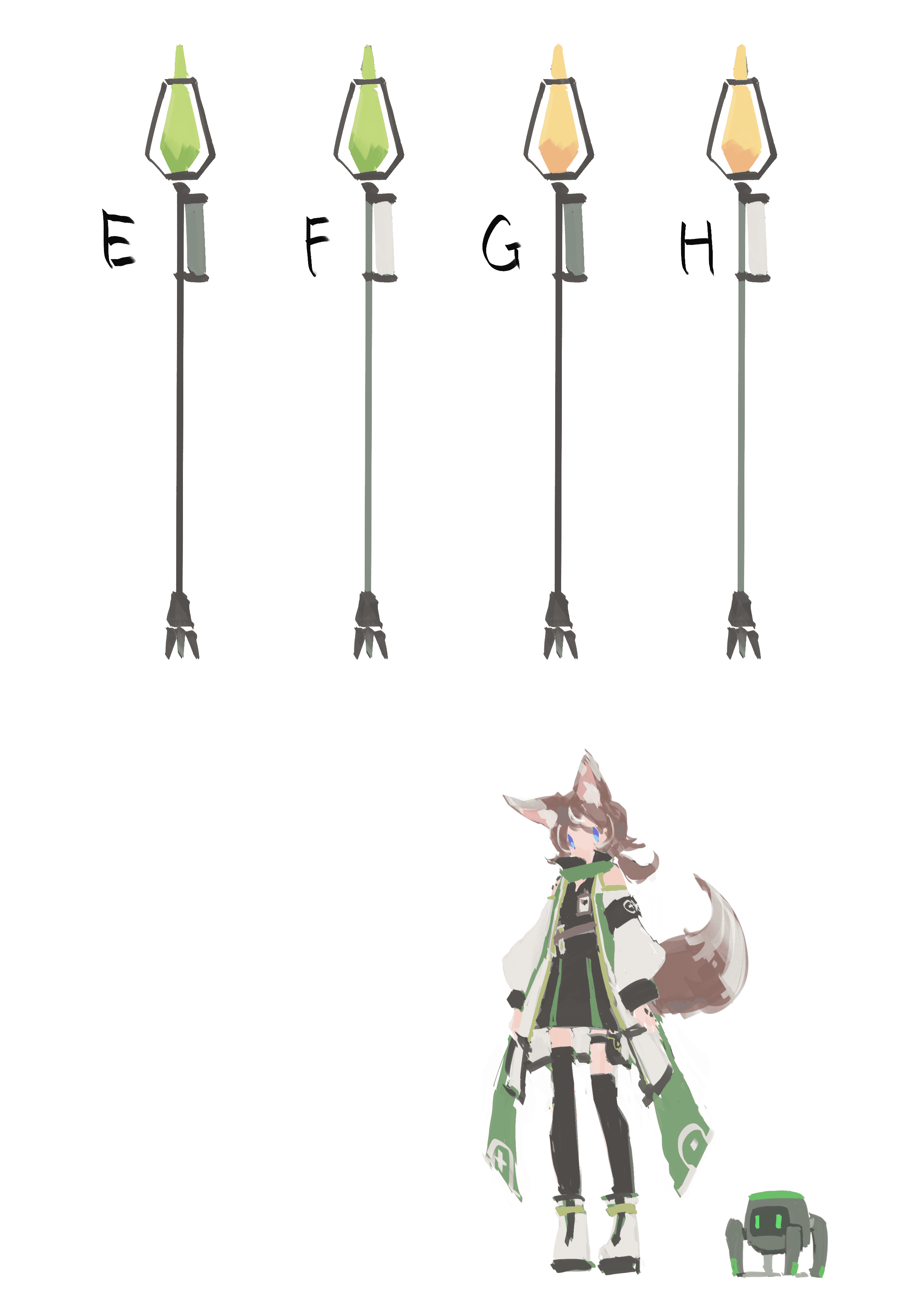 Weapon variants and full character turnaround from Tomoko's design sheet